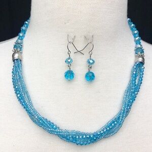 Aqua Blue Twisted Glass Beaded Necklace Set